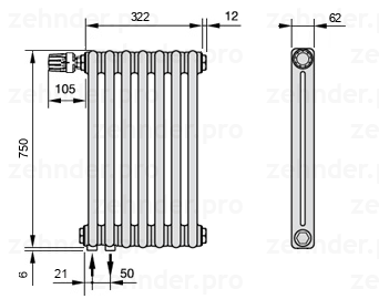 Схема (чертеж) Радиатор Zehnder Charleston 2075/7 №V001 Белый глянцевый RAL 9016